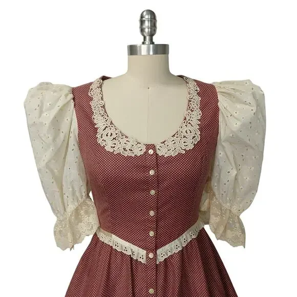 Gunne Sax Red Polka Dot Midi Dress Size 9 Eyelet Lace Prairie Calico - Picture 3 of 11